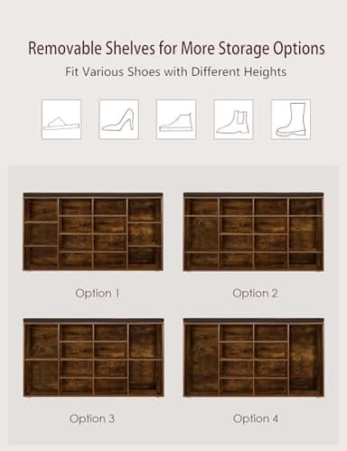 DINZI LVJ Shoe Storage Bench with Cushion, 14-Cubby Shoe Rack, Adjustable Shelves, Multifunctional Shoe Organizer Bench for Entryway, Mudroom, Hallway, Living Room, Bedroom and Garage, Rustic Brown - Image 5