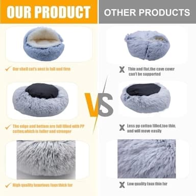ZaneSun Calming Round Dog Bed & Cat Cave with Hooded Cover, Plush Fluffy Anti-Anxiety Bed, Waterproof Bottom Washable (Grey, 20x20inch) - Image 4