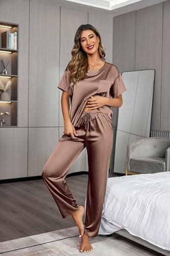 Ekouaer Womens Silk Satin Pajamas Set Two Piece Pj Sets Sleepwear Loungewear Short Sleeve Pj Sets Coffee - Image 3