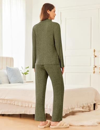 Ekouaer Womens Ribbed Knit Pajama Sets 2 Piece Lounge Set Long Sleeve Button Down Pjs Sleepwear Set with Pockets Army Green X-Large - Image 4