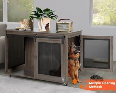 LINLUX 47 Inch XL Dog Crate Furniture, Wooden Heavy Duty Dog Kennel Indoor, Decorative Dog Cage Table for Extra Large Dogs, with Sliding Doors, Wheels and Flip-top Plate - Image 2