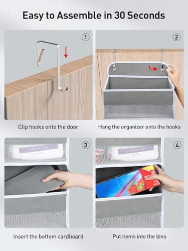 Yecaye 1 Pc Over the Door Organizer with 5 Bins 10 Side Pockets, 44lbs Load Hanging Bathroom and Bedroom Organizer, behind the Door Hanging Organizers for Nursery Newborn Baby Essential Stuff Grey - Image 5