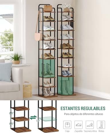Hzuaneri 10 Tiers Vertical Shoe Rack, Narrow Shoe Tower, Tall Shoes Shelf with 2 Hooks, Adjustable Shelves, Corner Shoes Shelves for Small Spaces, Entryway, Living Room, Rustic Brown SR11201B - Image 4