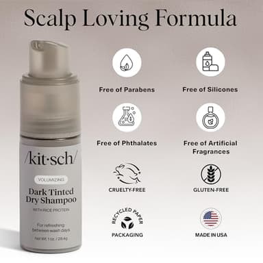 Kitsch Volumizing Rice Protein Dry Shampoo Powder - Dry Shampoo for Women & Men, Dark Hair, No White Cast, Absorbs Oil, Non-Greasy, Fragrance Free, Travel Size in Pump Form - Dark Tinted 1oz - Image 7