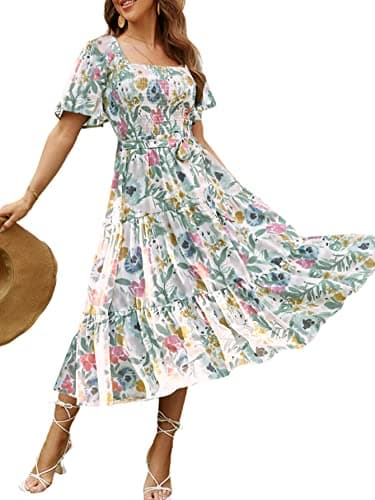 Amegoya Women's Boho Summer Floral Midi Dress Flowy Tiered Flutter Sleeve Square Neck Smocked Maternity Dress (Flower M) - Image 1