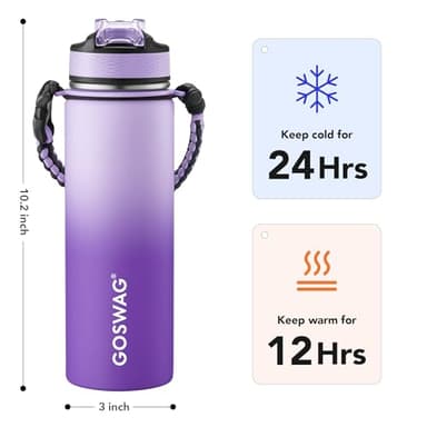 GOSWAG Insulated Sports Water Bottle, 24oz 2 Lids(with Straw/No Straw), Stainless Steel Water Bottles with Paracord Handle, Insulated Bottle with Double-Wall Vacuum Insulation - Image 2