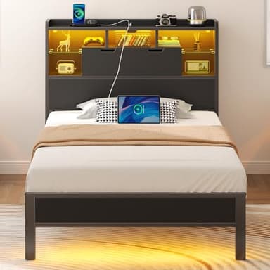 Rolanstar Twin Bed Frame with Headboard, LED Bed with Bookcase Storage and Charging Station, Metal Platform Bed with Glass Shelves, No Box Spring Needed, Noise-Free, Black - Image 1