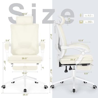 Misolant Ergonomic Office Chair with Footrest, Ergonomic Desk Chair with Adjustable 2D Lumbar Support, High Back Computer Chairs with Adjustable Headrest, Beige Comfortable Executive Office Chair - Image 2
