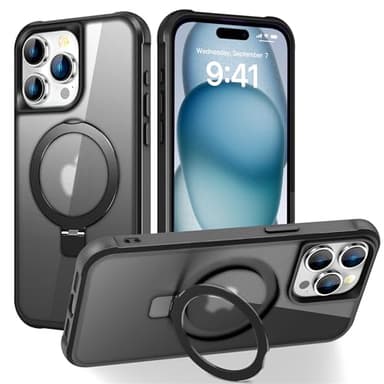 SKYLMW Compatible with iPhone 15 Pro Case with Invisible Magnetic O-Ring Stand Military-Grade Translucent Case for iPhone 15 Pro 6.1" [Compatible with Mag-Safe][Great Grip Feeling], Black - Image 1