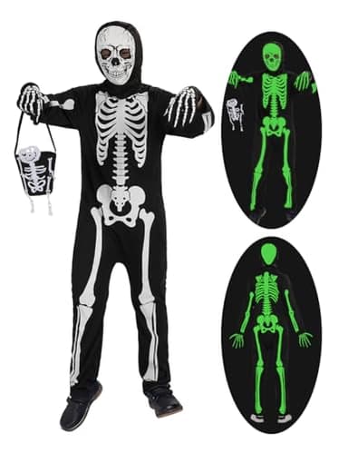 qqpouc Halloween skeleton costume kids,glow in the dark skeleton costume on both sides skuller candy bag for boys and grils - Image 1