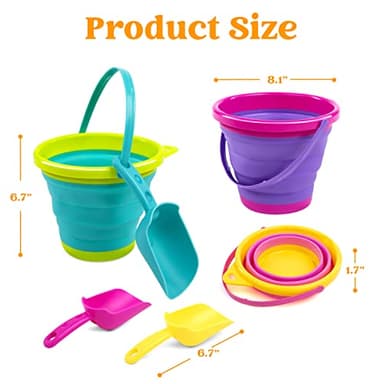 JOYIN Foldable Beach Bucket Set - 3 Packs Collapsible Toy Buckets with Shovels and Mesh Backpack for Kids Toddlers Party, Camping Gear, Travelling, Fishing Water Pail (Pink/Purple/Green) - Image 5