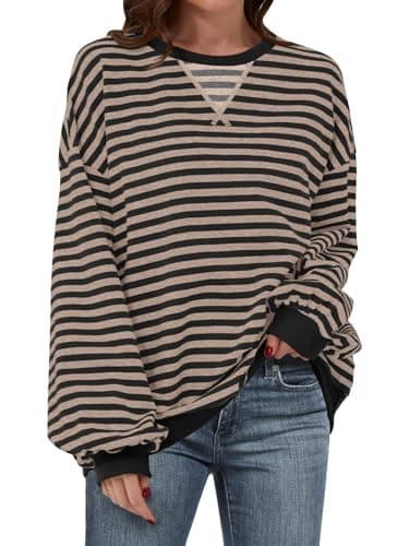 ANRABESS Women Striped Sweatshirts Oversized Crewneck Long Sleeve Shirts Y2K Pullover Top 2025 Fall Outfits Fashion Clothes Black Grey Large - Image 1