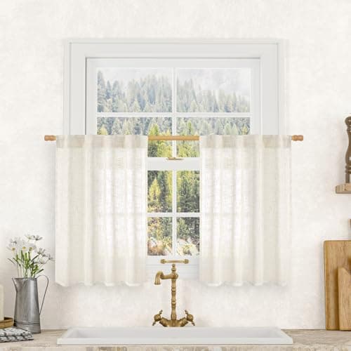 LAMIT Semi Sheer Cream Linen Curtains 36 Inch Length 2 Panels, Light Filtering Panels Back Tab and Rod Pocket Neutral Drapes for Bathroom/Kitchen/Loft Room, 34 x 36 Inch - Image 1