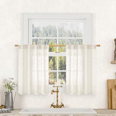 LAMIT Semi Sheer Cream Linen Curtains 36 Inch Length 2 Panels, Light Filtering Panels Back Tab and Rod Pocket Neutral Drapes for Bathroom/Kitchen/Loft Room, 34 x 36 Inch - Image 1
