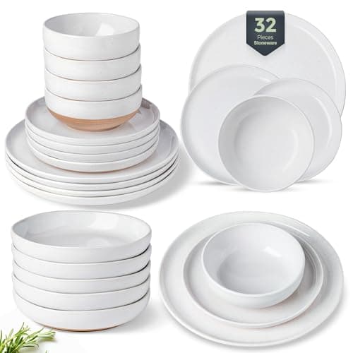 AmorArc 32 Pieces Ceramic Dinnerware Sets for 8, Handpainted Plates and Bowls Set with Rustic Terracotta Underside, Scratch Resistant Stoneware Dishes Set, Dishwasher & Microwave Safe, White - Image 1