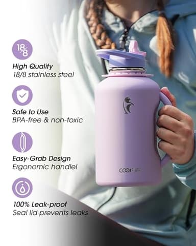 Coolflask Half Gallon Water Bottle with Straw, 64 oz Insulated Stainless Steel Water Jug With Handle Metal Double-Walled Vacuum Large Flask With Strap Leakproof, Keep Cold 48 Hrs Hot 24hrs, Lavender - Image 5