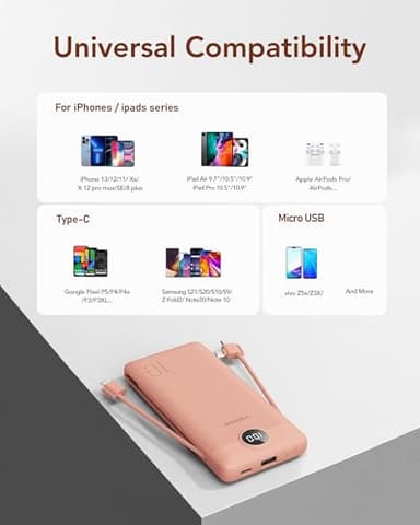 VEGER Portable Charger for iPhone Built in Cables and Wall Plug, 10000mah Slim Fast Charging USB C Power Bank, Travel Essential Battery Pack Compatible with iPhones, iPad, Samsung More Devices(Pink) - Image 6
