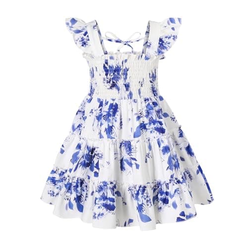 YOUNGER TREE Toddler Girl Dress Kids Sleeveless Ruffle Dresses for Girls Summer Outfits Beach Sundress(Blue Floral,6-7 T) - Image 1