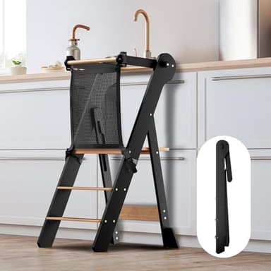 COSYLAND Foldable Toddler Standing Tower - Adjustable Height Folding Step Stool Kid Toddler Kitchen Stool Helper for Learning and Cooking - Ages 18 Months to 6 Years with safety Net Natural & Charcoal - Image 9