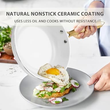 Ceramic Cookware Set, VONIKI 16 Pcs Pots and Pans Set Non Stick, Kitchen Cookware Sets with Cooking Utensils Set, Non Toxic Cookware Set White Gold Pan Set for Cooking Pot Oven & Dishwasher Safe, Gift - Image 3