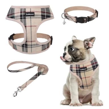 SCENEREAL No Pull Dog Harness Collar and Leash Set for Small Sized Dogs, Soft Mesh Step in Plaid Harnesses for Fall Winter, Adjustable Pet Vest for Outdoor Walking Training and Running - Image 1
