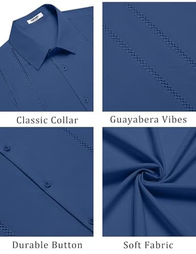 COOFANDY Men's Cuban Guayabera Shirt Summer Beach Vacation Shirt Casual Short Sleeve Button Down Resort Wear Dark Blue - Image 6