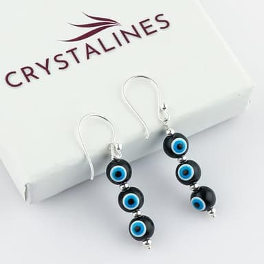 CRYSTALINES Black Evil Eye Crystal Earrings, Triple Ball Beads, Beaded Dangling Earrings, Handmade, Healing Crystals, Silver Plated, Gemstone Jewelry, Protection,Gifts for Women - Image 3