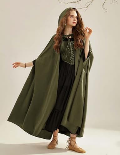 Scarlet Darkness Women Renaissance Hooded Cape Medieval Cloak Hobbit Halloween Costume Olive Green - Image 9