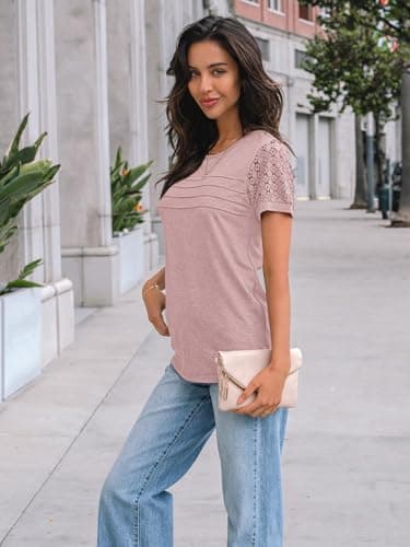 AUTOMET Women's Short Sleeve Shirts Dressy Lace Summer Tops 2025 Spring Trendy Casual T-Shirts Cute Work Outfits Blouses Pink M - Image 3