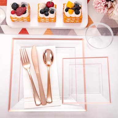 Festiva 350Pcs Rose Gold Plastic Plates - Clear Rose Gold Disposable Dinnerware Sets for 50Guests include 100 Plates 50 Cups 50Plastic Cutlery 50Napkins Perfect for Party&Wedding&Mother's Day - Image 3