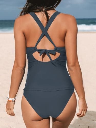 CUPSHE Women's Tankini Set Two Piece Swimsuit Mid Rise V Neck Crisscross Adjustable Straps Cutout Ruched, M Grey - Image 2