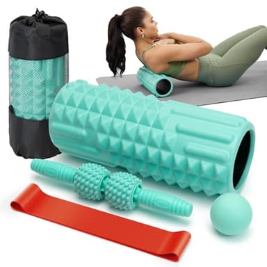 5 in 1 Foam Roller Set - Back Roller Foam, Massage Roller Stick, Massage Ball, Resistance Band for Physical Therapy & Deep Tissue Muscle Massage (Green) - Image 1
