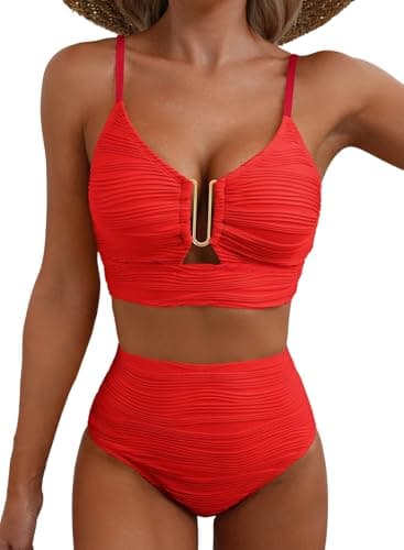 Herseas Women's 2 Piece Swim Suits Adjustable Spaghetti Straps High Waisted Bikini 2025 Cutout Beach Vacation Clothes Bathing Suit Red X-Large - Image 1