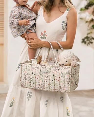 Blissful Diary Floral Diaper Caddy Organizer, Stylish Nursery Storage Basket, Gift for Baby Shower, Baby Registry Must Have, Newborn Essentials, Pastoral Daisy - Image 5