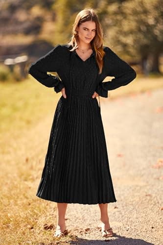 PRETTYGARDEN Women's 2025 Spring Fall Midi Dress Casual Long Sleeve V Neck Swiss Dot Pleated A Line Flowy Dresses (Black,Medium) - Image 6
