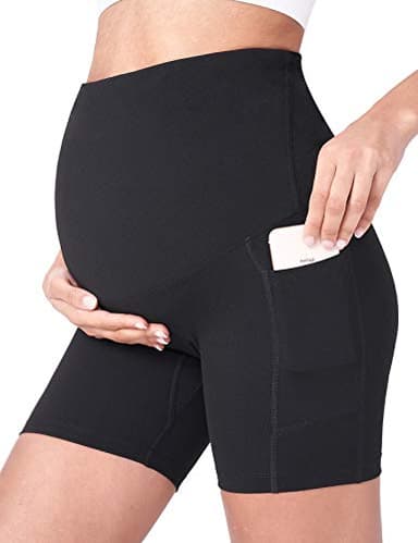POSHDIVAH Women's Maternity Yoga Shorts Over The Belly Bump Summer Workout Running Active Short Pants with Pockets Black 5" Large - Image 1