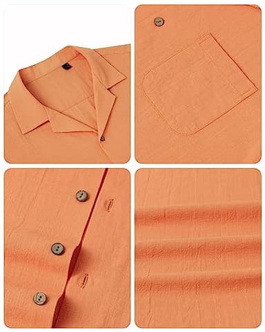 Alimens & Gentle Mens Linen Shirts Short Sleeve Button Down Shirts Cotton Summer Beach Cuban Shirts Vacation Hawaiian Shirts Persimmon Orange - Image 5