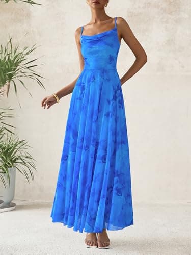 BTFBM Women Summer Floral Maxi Dresses Elegant Spaghetti Strap Dress Printed Party Dress Beach Long Dresses(Floral Blue,Small) - Image 2