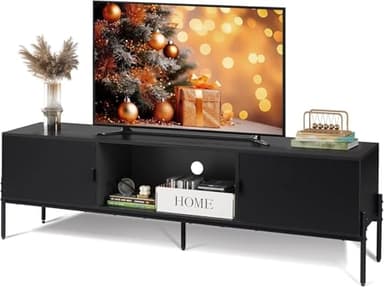 WLIVE Modern TV Stand for 65 Inch TV, Mid Century Entainment Center with Storage, TV Console with Open Shelf and 2 Cabinets for Bedroom and Living Room, TV Cabinet with Metal Legs, Black - Image 1