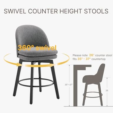Counter Height Barstools 26 inch Upholstered Swivel Bar Stools with Back and Wood Legs for Kitchen Island,Set of 4,Dark Grey Fabric-Armless - Image 5