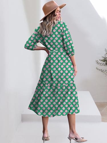 ANRABESS Women Summer Dress 2025 3/4 Puff Sleeve Polo V Neck Floral Print Casual Boho Shirt Maxi Dress Beach Vacation Clothes Floral Green X-Large - Image 5