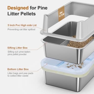 Stainless Steel Sifting Litter Box, 23.6" L x 15.7" W x 13" High Sided Metal Sifting Cat Litter Box for Pine Pellets, Enclosed Sifting Box with Lid, Anti-Leakage, Easy Clean for Big and Multiple Cats - Image 2