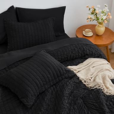 Love's cabin Seersucker Black King Size Comforter Set 7 Pieces, All Season Lightweight Bedding Set, King Bed in a Bag Comforter Set with Comforter, Flat Sheet, Fitted Sheet, Pillowcase and Pillow Sham - Image 4