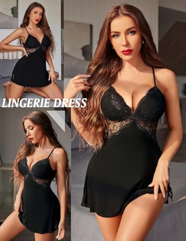 Avidlove Lingerie for Women Sexy Chemise Sleepwear Babydoll Lace Slip Dress Black Medium - Image 4
