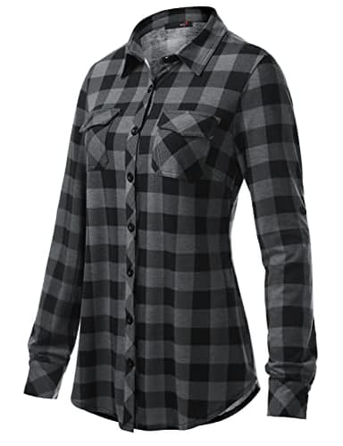 DJT Womens Soft Stretchy Knit Plaid Shirts Roll Up Long Sleeve Collared Button Down Blouses Tops XX-Large Black Plaid - Image 3
