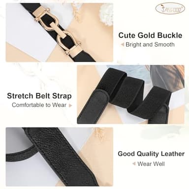 JASGOOD 2 Pack Women Stretchy Waist Belt Retro Elastic Skinny Belt for Ladies with Gold Buckle - Image 3