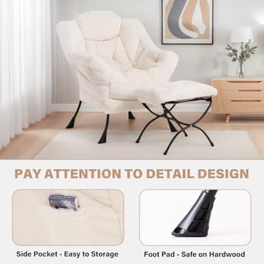 Tiita Lazy Chair with Ottoman, Modern Large Accent Lounge Armchair, Comfy Leisure Sofa Reading Chair with Footrest for Bedroom, Living Room, Dorm Rooms, Garden and Courtyard, Plush Beige - Image 5