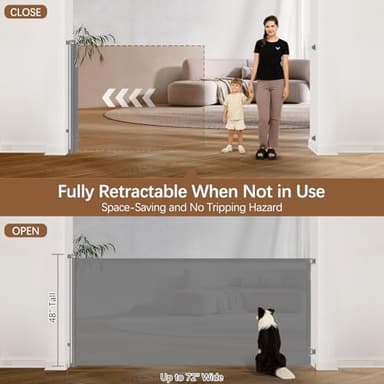 48" Extra Tall Retractable Baby Gates 72" Wide Retractable Pet Gate - No Jump, Indoor Long Dog Gate Mesh Baby Gate Retractable Outdoor Gate, 4 Feet Extra Tall Dog Gate, Gray - Image 3