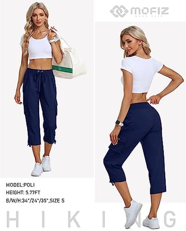MoFiz Women's Cargo Capris Hiking Pants Lightweight Quick Dry Running Outdoor Casual Shorts for Women Zipper Pockets UPF 50+ Navy XL - Image 6