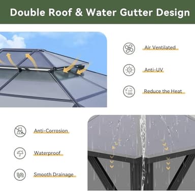 Aoxun 12'x16' Hardtop Gazebo, Aluminum Frame Permanent Pavilion with Curtains and Netting, Outdoor Polycarbonate Double Roof Canopy, Designed for Garden, Lawns, Patio - Image 5